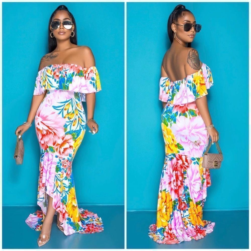 Pink Floral High Low Ruffled Dress